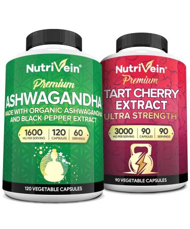 Nutrivein Premium Ashwagandha Capsules & Tart Cherry Capsules Bundle: High-Absorption Tart Cherry Extract and Ashwagandha Supplements for Recovery, Balance, and Vitality