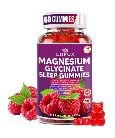 Lofux Magnesium Glycinate Gummies 400mg Sugar Free Magnesium Gummies for Adults Women Men Chewable Supplement Gummy with L-Threonate Vitamin D B6 CoQ10 - for Calm Sleep Body Relaxation 60 Ct Raspberry 1 Count (Pack