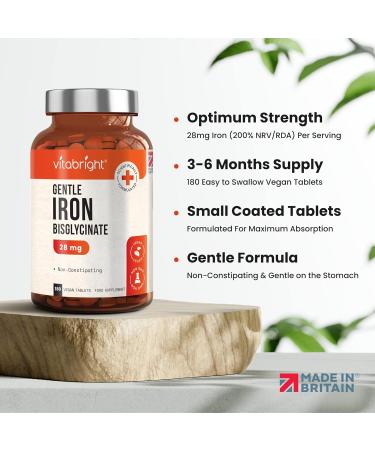 Gentle Iron Tablets 28mg - 180 Vegan Tablets | 3 Month Supply | Iron Bisglycinate Chelate for Men & Women | 200% NRV Iron Pills for Tiredness & Fatigue - Buy Online on GoSupps.com