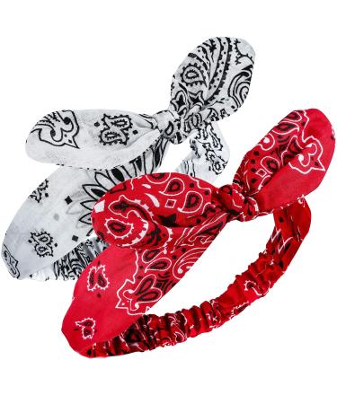 2 Pieces Bandana Headband for Women and Girls, Knot Retro Print Headbands Paisley Print Headband Headwrap for Girls and Women (Red, White)