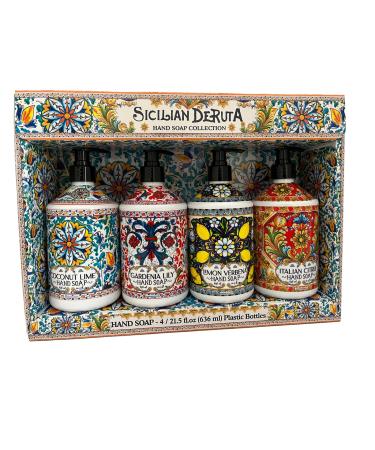 Sicilian Deruta | Hand Soap Collection | 4 x 21.5 fl.oz Plastic Bottles | Italian Citrus | Lemon Verbena | Gardenia Lily | Coconut Lime