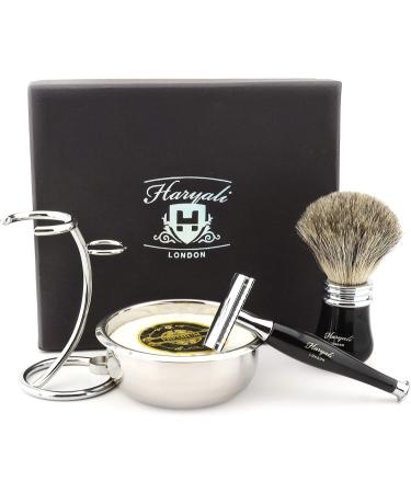 Haryali London Men's 5 Piece Shaving Set - Double Edge Safety Razor Badger Hair Brush Stand Soap & Bowl | International Shipping Available - Buy Online on GoSupps.com
