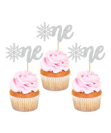 Ercadio 24 Pack Snowflake One Cupcake Toppers Silver Glitter Winter Snowflake 1st Cupcake Toppers Snowflake One Cupcake Picks for Baby Shower Christmas Theme Party Cake Decor Supplies D-one Silver