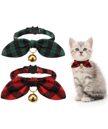 Christmas Cat Collar with Bell and Bow Tie, 2 Pack Cute Christmas Plaid Patterns, Safety Kitten Collar Adjustable 8'' to 12''