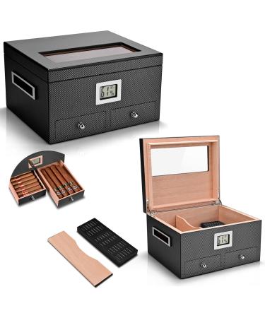 CIGARLOONG Cigar Humidor 35-50 Count Glass Top Large Capacity Cigar Box with Front Hygrometer Humidifier and Accessory Drawer(Black) Carbon Fiber Black