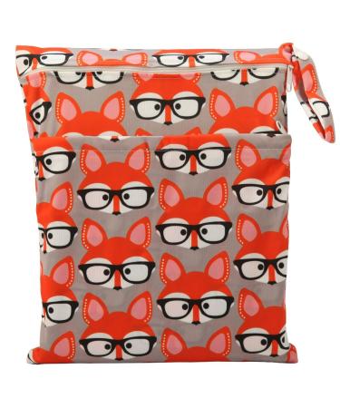 Sigzagor Medium Wet Dry Bag Baby Cloth Diaper Nappy Insert Bag Reusable Washable with Two Zippered Pockets (Glasses Fox)