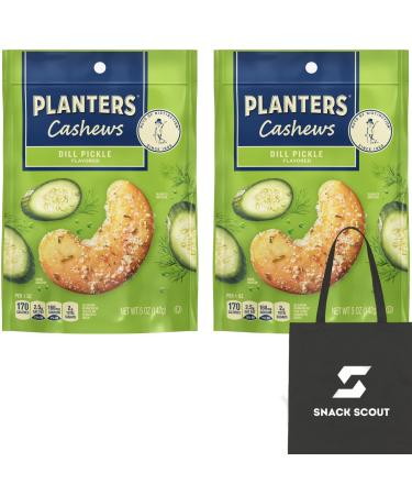 PLANTERS Whole Cashews Dill Pickle Flavored Party Snacks Plant Based Protein 5 oz (Pack of 2) Bundle With a Snack Scout Lunch Bag