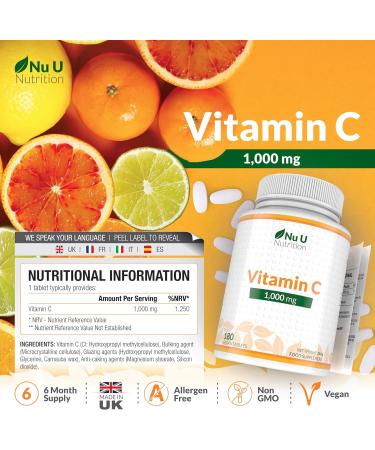 Vitamin C 1000mg - 180 Vegan Tablets - 6 Month Supply - High Strength Ascorbic Acid - Supports Immune System Energy & Collagen Formation - Nu U Nutrition - Buy Online on GoSupps.com