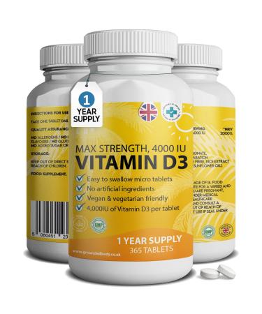 Vitamin D3 4000 IU Micro Tablets - 365 Day Supply Easy to Swallow High Strength Premium Sunshine Vitamin | Max Strength Vitamin D Supplement Vegetarian & Vegan Friendly Made in UK by Grounded