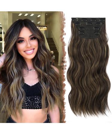 Feshfen clip in extensions 4PCs 50 cm hair extensions with clips synthetic corrugated hair exension chocolate brown mix blond wavy hair extensions clip in hair part for women 180g
