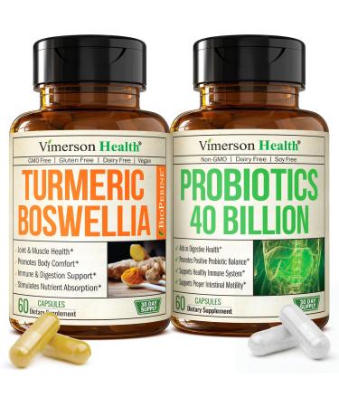 Boswellia Turmeric Curcumin Supplement + 40 Billion CFU Probiotics for Women & Men with Prebiotics Bundle for Joint & Immune Support Digestive & Gut Health with Ginger Root Organic Turmeric Powder