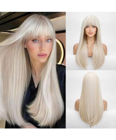 HAIRCUBE Natural White Wigs for Women with Highlights Straight Wigs with Fringe for Daily Natural White with Highlights