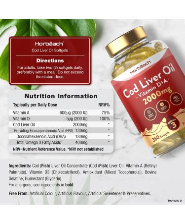 Cod Liver Oil Capsules High Strength | 2000mg | 360 Count | with Omega 3 Vitamin D and A | with 180mg of DHA and 130mg of EPA | by Horbaach - Buy Online on GoSupps.com