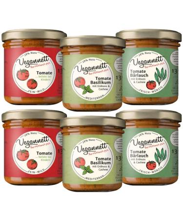 Vegannett organic spread with cashew and peanut (tomato) 6 x 135 g |Craftsmanship spread with regional vegetables and exotic spicesHearty vegan & without additives
