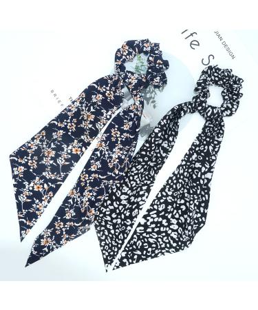 Black Floral/Striped Scarf Scrunchie Set - 5pcs Chiffon/Silk Hair Ties for Women - Buy Online on GoSupps.com
