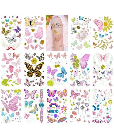 Fanoshon Kids Butterfly Tattoos Temporary for Girls 14 Sheets  Glow in the dark Small Butterfly Flower Birthday Party Favors Decorations  Children Face Fake Luminous Tattoos  Waterproof  Long Lasting