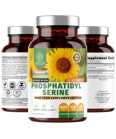 Number One Nutrition Premium Phosphatidylserine 400mg, Derived from Sunflower Lecithin to Help Support Memory, Focus & Cognition Naturally, Soy Free, 120 Veg Caps