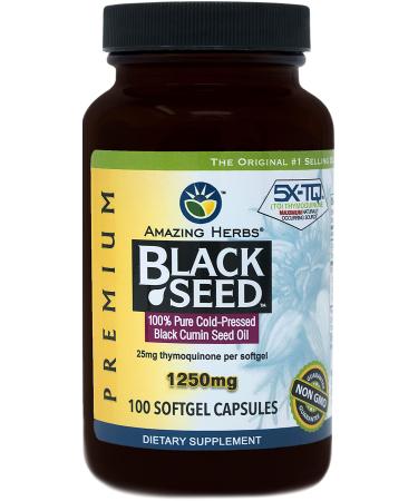 Amazing Herbs Black Seed Oil Pills 1250mg, 100 Softgel Capsules - Cold-Pressed | Non GMO - (Packaging May Vary - New Label Coming Soon)
