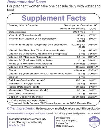 Evernate Prenatal Caps - Organic Vitamins for Women | Vitamins C D3 E B-Vitamins, Folate, Calcium, Iodine, Zinc & Iron | Non-GMO Gluten Free | 60 Capsules - Buy Online on GoSupps.com