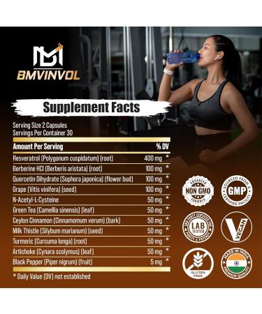 BMVINVOL Resveratrol Supplement | Berberine Quercetin Grape N-Acetyl Cysteine NAD Supplement for Antioxidant & Anti-Aging Support - Buy Online on GoSupps.com