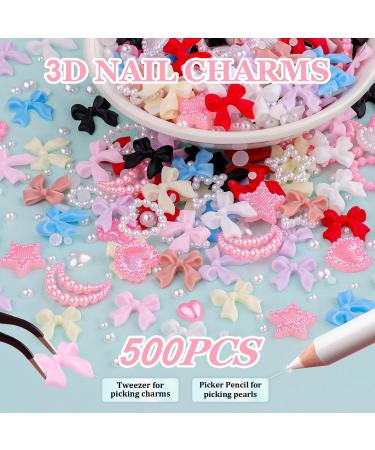 500pcs 3D Nail Charms 3D DIY Nail Art Charms Bow Nail Charms Cute Nail Art Decorations Supplies Cute Pearl Heart Star Moon Bowknot Rhinestones Gems Nail Decorations with Pickup Tool for Women Girls - Buy Online on GoSupps.com