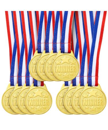 Juvale 12 Pack Gold Winning Metal Awards Medal for Contests, 1.5" Diameter with Neck Ribbon for Sports Game Participation, Tournaments, and Competitions for Kids and Adults