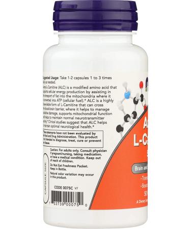 Now Foods Acetyl-L-Carnitine 500 mg - 50 Veg Capsules | Boost Energy & Mental Focus - Buy Online on GoSupps.com
