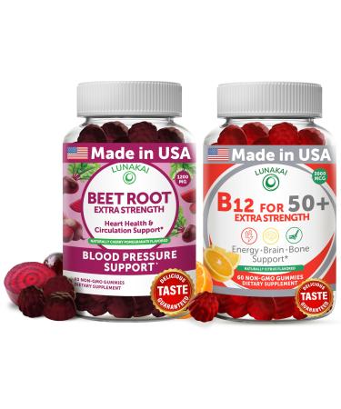 Lunakai Beet Root and Vitamin B12 Gummies for Adults 50 Plus Bundle Proprietary Antioxidant Blend - Heart & Circulation Support Energy & Vitality Boost High Strength