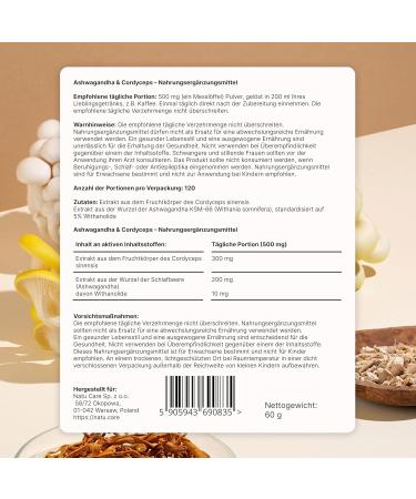 Natu Care sp z oo natucare Vegan Ashwagandha 300 mg & Cordyceps 200 mg Highly concentrated adaptogens 120 servings KSM66 extract stress reduction energy immune system - Buy Online on GoSupps.com