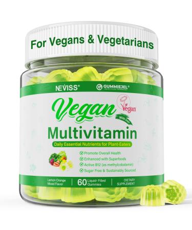 NEVISS Vegan Multivitamin for Women & Men w/Methyl B12 D3 K2 Plant Based Omega 3 (DHA+EPA) Iron Choline Zinc Whole Food Daily Vitamins Gummies for Vegans & Vegetarians Sugar Free 60Cts 60 Count (Pack of 1)