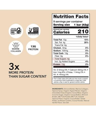 Kalumi BEAUTYfood Almond Butter Chocolate Chip Collagen Protein Bars - 9 Bars | 13g Protein, 8000mg Collagen, Gluten-free, MCT Brain Boost - Buy Online on GoSupps.com
