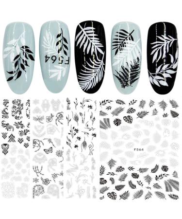 12 Sheets Black White Spring Flowers Nail Art Stickers Decals Self-Adhesive Pegatinas para U as Floral Leaves Vine Geometric Design Manicure Tips Nail Decoration for Women Girls