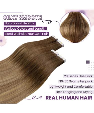 LAAVOO Real Hair Tape Extensions - Brown Balayage 40cm Skin Weft | 20PCs Ombre Tape Extensions #6/8/14 - Buy Online on GoSupps.com