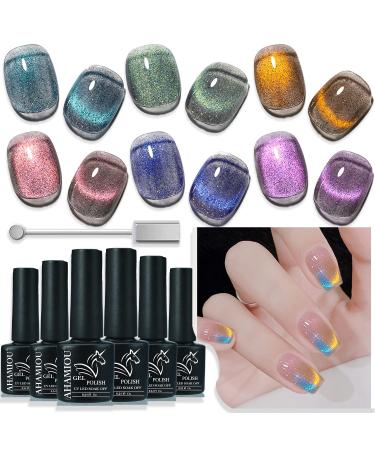 AHAMIOU Crystal Cat Eye Gel Polish Kits 9D Holographic Magnetic Cats Eyes Gel Nail Polish Shiny Glitter Laser Varnish UV Gel Varnish Nail Art Manicure Kit 6PCS Aurora-6Pcs SET