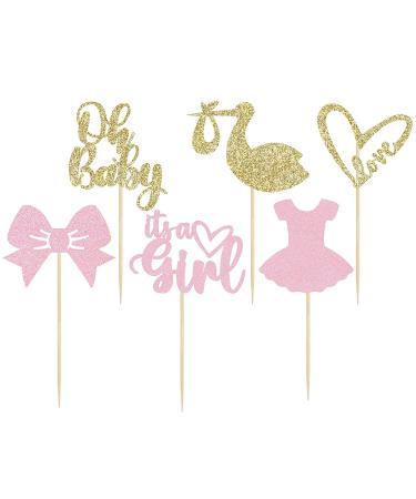 Gyufise 36 Pack It's a Girl Cupcake Toppers with Bow Dress Love Heart, Glitter Cake Picks for Baby Shower & Birthday Party - Pink - Buy Online on GoSupps.com