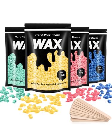 Leaflai Hard Wax Beads 4 X 100G Painless Wax Beans with 10 Applicators Wax Beads Hair Removal for Stripless Full Body Face Bikini Brazilian Hollywood
