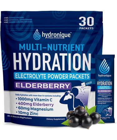 Hydronique Elderberry Hydration Packets | Sugar Free Electrolytes Powder | Travel Rehydration Immunity | Vitamins & Minerals | 30 Packets - Buy Online on GoSupps.com