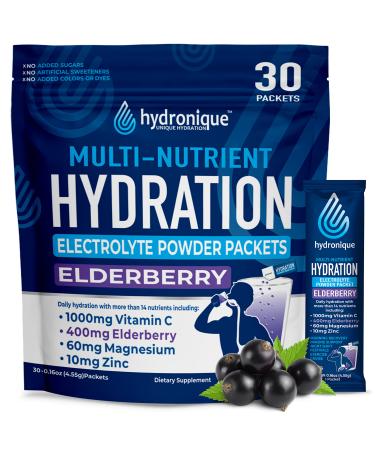 Hydronique Hydration Packets Sugar Free | Low Sodium Electrolytes Powder | Travel, Rehydration, Immunity | Vitamins, Minerals, Antioxidants | Elderberry Flavor (30 Packs)