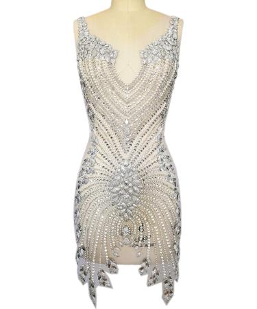 Silver Front Beaded Embroidered Crystal Applique Trim 38x84cm for Noble Dress Bodice - Buy Online on GoSupps.com