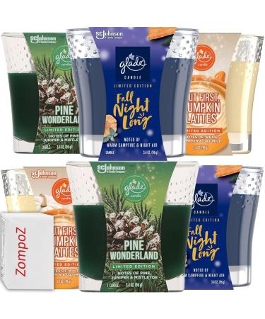 Glade Holiday Christmas Scented Candles 6 Assorted Seasonal Air Freshener Candle Jars Fall Night Pine Wonderland Pumpkin Latte Scents 3.4 Oz Each + Bonus Zompo-Z Tissues