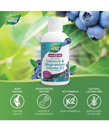 Nature's Way Calcium and Magnesium Citrate 2:1 - Liquid Supplement with Vitamin D3 and Collagen Helps Support the Maintenance of Bones and Teeth No Vitamin K2 - Blueberry Flavour 500 mL - Buy Online on GoSupps.com