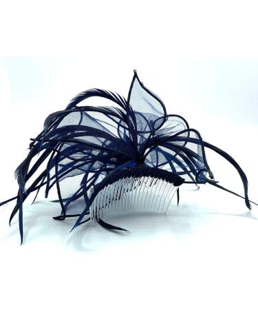Ladies Mesh Feather Comb Fascinator Ladies Day Races Ascot Weddings Hair Piece (Navy Blue) - Buy Online on GoSupps.com