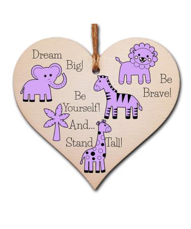 The Plum Penguin Handmade Wooden Hanging Heart Plaque Gift Be Brave Dream Big Be Yourself And Stand Tall new baby present new parents lilac gender neutral safari animals nursery wall decoration Lilac Safari Animals