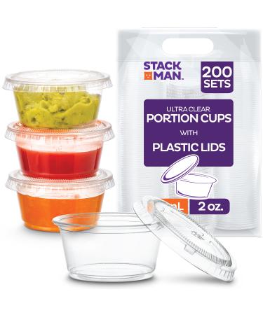200 Sets - 2 oz. Small Plastic Containers with Lids, Jello Shot Cups, Condiment Cups, 2oz Dipping Sauce & Salad Dressing Container, Disposable Mini Plastic Portion Souffle Cups Ramekins, Pudding Cup 2 Ounce