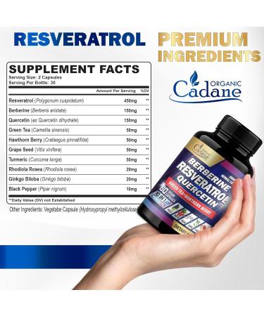 Cadane Resveratrol Supplement - 10in1 Plus with Quercetin Berberine Green Tea Grape Seed Hawthorn Berry Turmeric Rhodiola Rosea Ginkgo Biloba and Black Pepper - 60 Capsules - Buy Online on GoSupps.com