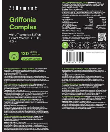 Griffonia with L-Tryptophan Saffron Extract Vitamins B6 B12 and Zinc - 120 Vegan Capsules - Laboratory Tested - Nervous System Psychological Function - No Additives No GMO - Zenement - Buy Online on GoSupps.com