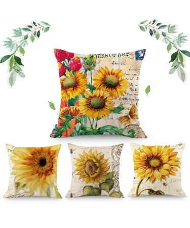 Decorative Sunflower Throw Pillow Covers - 18 X 18 Inch Set of 4 Cushion Covers Linen Fabric Pillowcases Farmhouse Decorations for Home Sofa Bedroom Car Sunflower 18'' x 18''