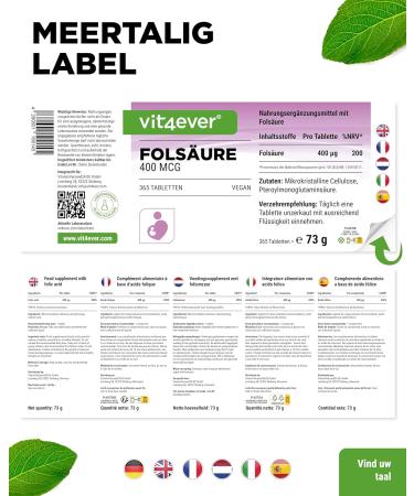 VitaminVersand24 DE Folic acid 400 g 365 tablets in a practical 12month supply Vitamin B9 for fertility & pregnancy High dosage High bioavailability Vegan - Buy Online on GoSupps.com