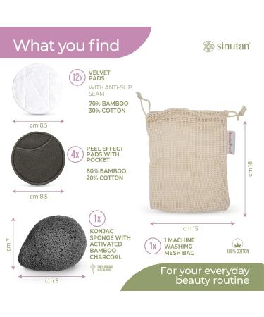 Sinutan Washable Slimming Pads | 16 Reusable Bamboo & Cotton Pads | Free Konjac Sponge & Laundry Net | Eco-Friendly Makeup Towels - Buy Online on GoSupps.com