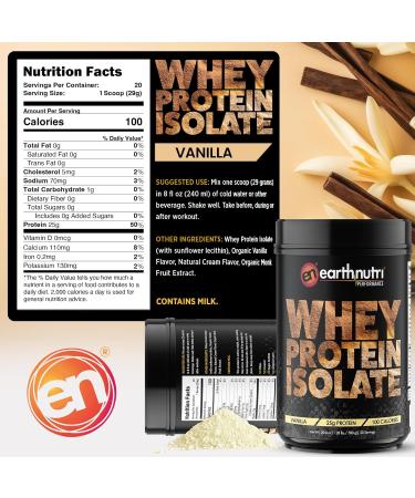 EarthNutri - Whey Isolate Protein Powder - Post Workout Recovery Powder for Muscle Recovery & Growth - 25g Protein - Easily Digestible - Non-GMO & Gluten-Free - Vanilla Flavor - 20 Servings(1.28 lbs) - Buy Online on GoSupps.com